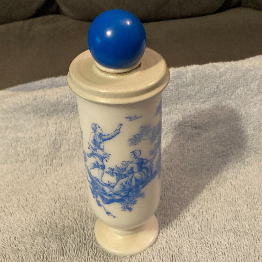 VTG Avon Milk Glass Decanter (Empty ) w/Colonial Design-Steel Lid & Blue Top-EUC
